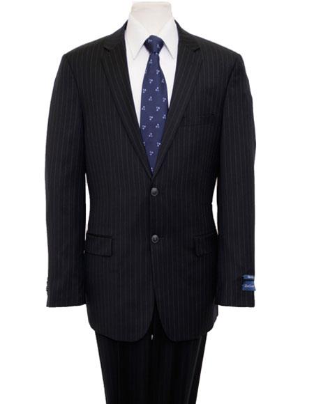 Designer Affordable Inexpensive Men's   Pinstripe Classic Dark Navy Suit Flat Front Pant