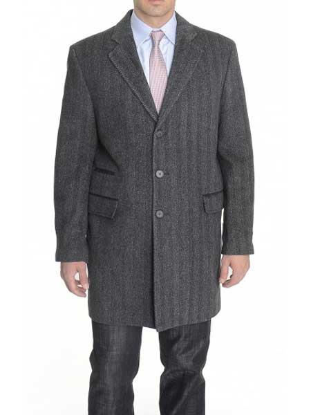 Men's Dress Coat Notch Lapel Herringbone 3/4 Length Charcoal Gray ...