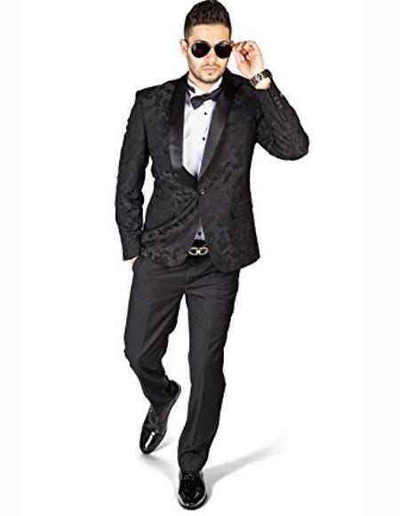 Style#-B6362 Men's Slim Fit Floral Pattern Cotton Blend 1 Button Shawl Lapel Black Tuxedo