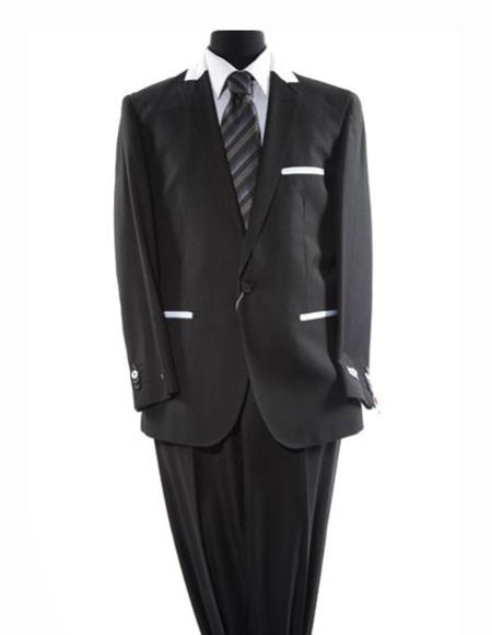 Men's Solid Black One Button Peak LapelTrimmed Suit