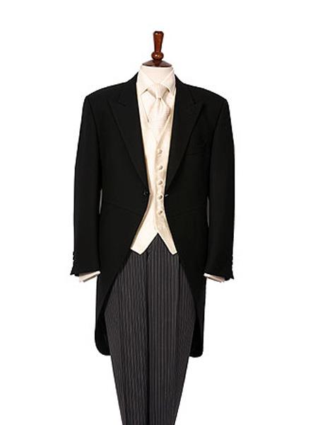 Men's Black Herringbone Wool Medium Weight 1 Button Morning Coat With Striped Pant