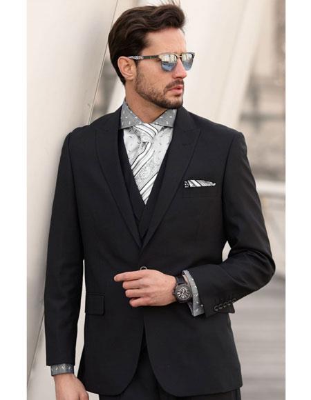 Men's 1 Button Wool Black Peak Lapel Suits