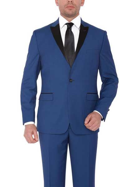 Men's 1 Button  Wide Satin Peak lapel Blue Platinum Slim fit Tuxedo