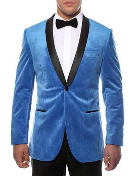 Turquoise ~ Blue 1 Button Men's Shawl Lapel Side Vented Black Velvet Velour With Sheen Two Toned With Black Lapel Blazer