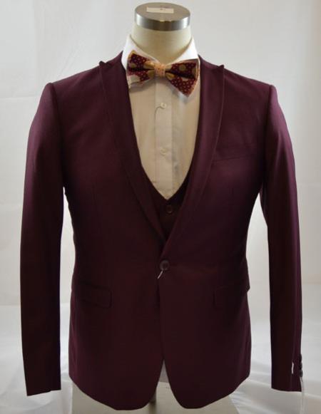 Men's 1 Button Peak Lapel Vested suit Peak Lapel Burgundy ~ Wine ~ 3 Piece Maroon Suit  Slim Fit Tapper Cut