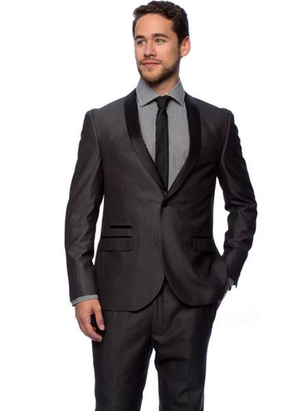 West End Men's Young Look 1 Button Charcoal Slim Fit Satin Shawl Collar Tuxedo