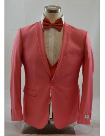 Men's 1 Button Peak Lapel Vested Salmon ~ Coral Color Suit Peak Lapel 3 Piece Suits Slim Fit Tapper Cut