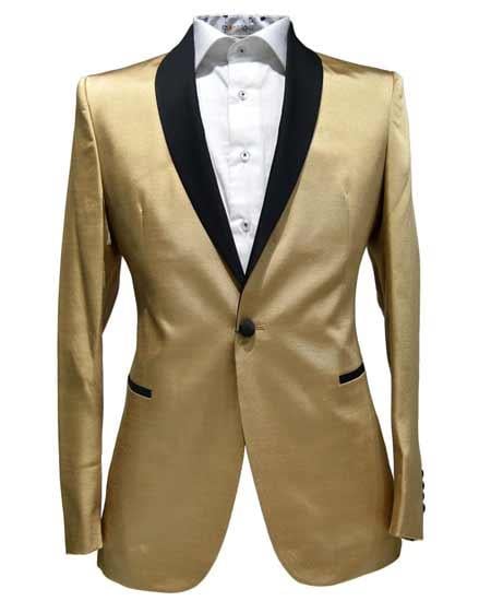 Men Gold Contrast Lapel Black Shawl Collar 2 Toned Dinner Jacket Blazer Fas...
