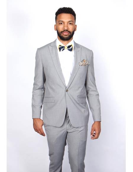 Men's Slim Fit Suit - Fitted Suit - Skinny Suit Men's Light Gray Flap Front Pockets Peak Lapel Suit