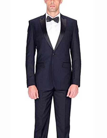 Authentic Braveman Men's Dark Navy Blue Suit For Men 1 Button  Tuxedo Slim Fit Suit With Satin Peak Lapels