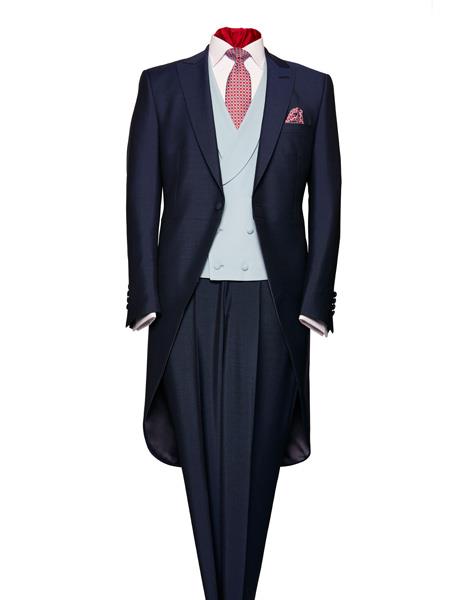 Men's Dark Navy Blue Suit For Men 1 Button Mohair And Wool Vested Morning Suit 