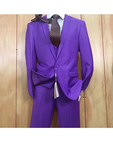 Mens Purple 1 Button style Peak Lapel Vested Slim Fitted Suit