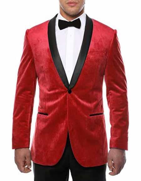 Men's Red Two Toned With Black Lapel Side Vented  Velvet Velour Blazer