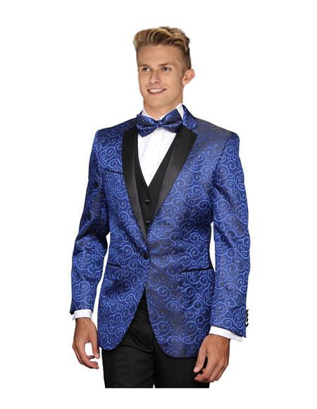 Style#-B6362 Men's 1 Button Royal Blue Floral Sateen Unique Paisley Sport Coat Wool Sequin Shiny Flashy Silky Satin Stage Blazer / Sport coat / Dinner Jacket Blazer Looking