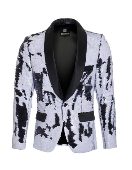Style#-B6362 Men's high fashion sequin White ~ Black blazer