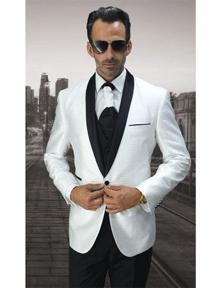 Men's 1 Button White Modern Fit Suits Black Shawl Lapel Vested Suit