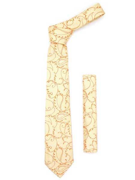 Floral Orange Design Gold Fashionable Necktie With Handkerchief Set - Men's Neck Ties - Mens Dress Tie - Trendy Mens Ties
