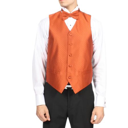Men's Tangerine Orange Diamond Pattern 4-Piece Men's Vest Set Also available in Big and Tall Sizes