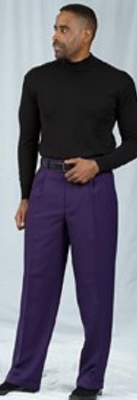 Pacelli Dark Purple Pleated Baggy Fit Dress Pants Men's Wide Leg Trousers