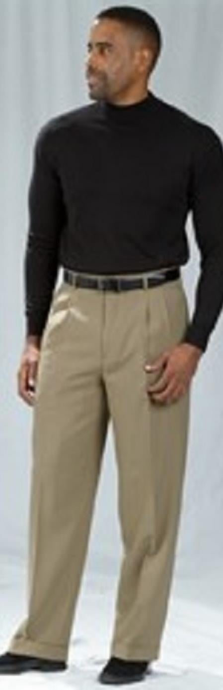 Pacelli Dark Khaki ~ Tan Pleated Baggy Fit Dress Pants Men's Wide Leg Trousers - Cheap Priced Dress Slacks For Men On Sale