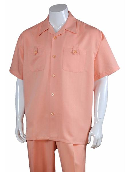 Men's Solid Peach Casual 5 Button 100% Polyester Short Sleeve Casual Two Piece Walking Outfit For Sale Pant Sets Suits 