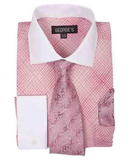 French Cuff Mini Plaid/Checks Rose Pink Shirt With Tie And Handkerchief White Collar Two Toned Contrast Men's Dress Shirt