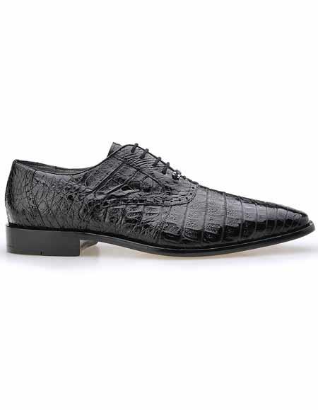 Authentic Genuine Skin Italian Men's Black All Over Laceup Plain Toe Crocodile Skin Shoes