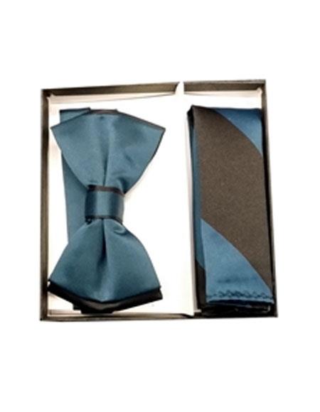 Men's Black / Blue Saphire Polyester Satin dual colors classic Bowtie with hankie - Men's Neck Ties - Mens Dress Tie - Trendy Mens Ties