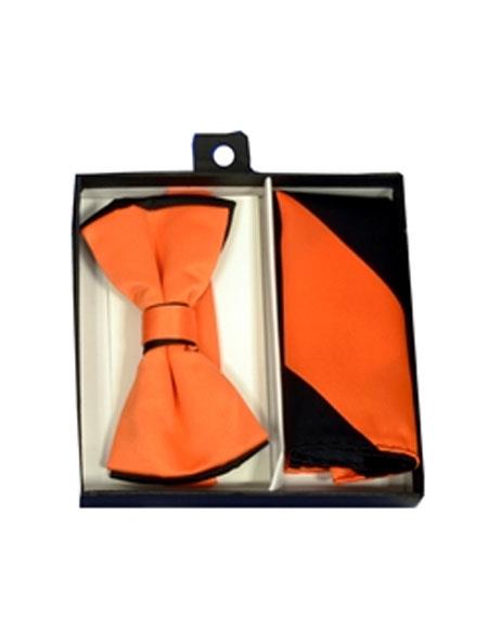Men's Polyester Black/Orange Satin dual colors classic Bowtie with hankie - Men's Neck Ties - Mens Dress Tie - Trendy Mens Ties