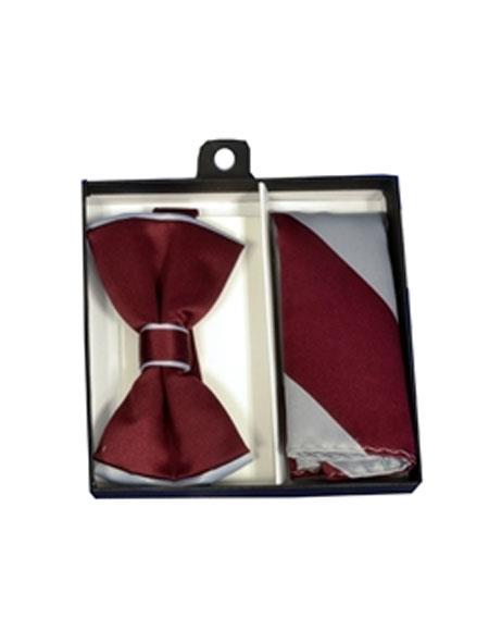 Men's Polyester Gray / Burgundy ~ Wine ~ Maroon Color Satin dual colors classic Bowtie with hankie - Men's Neck Ties - Mens Dress Tie - Trendy Mens Ties