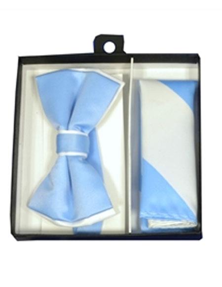 Men's White / Light Blue Polyester Satin dual colors classic Bowtie with hankie - Men's Neck Ties - Mens Dress Tie - Trendy Mens Ties