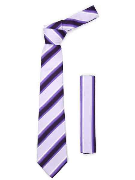 Microfiber Purple Lavender Striped Fashionable NeckTie With Hankie Set - Men's Neck Ties - Mens Dress Tie - Trendy Mens Ties