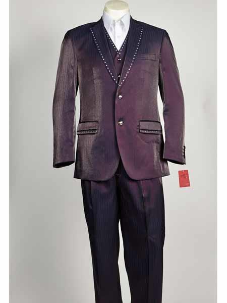 Men's Purple 3 Piece Shiny Sharkskin Rhinestone Pinstripe Suit