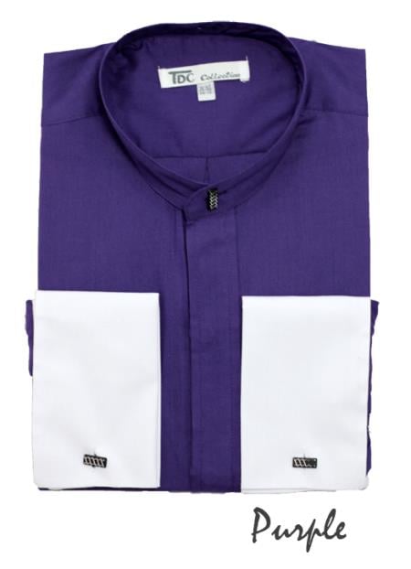 Fashion Hidden Button French Cuff Mandarin Collarless Preacher Round Style Purple Men's Dress Shirt