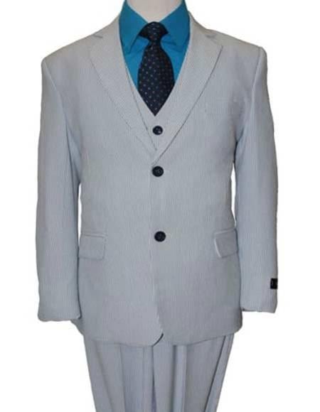 Boy's 3 Piece Elbow Patches Poly/Rayon Blue Matching Vested seersucker ~ sear sucker Suit