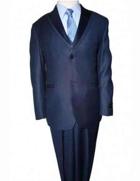 Boy's Double Lapel Solid Blue Poly Rayon 5 Piece Suit Vested With Shirt,Tie & Hanky