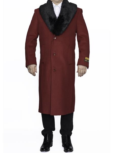 Men's Burgundy Overcoat 3 Button Full Length Wool Dress Top Coat