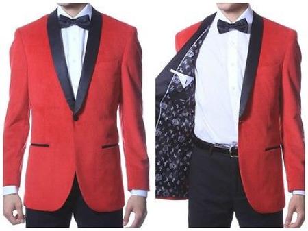 Black Trim shawl collar Red Velvet ~  One Button Sport Coat Men's Dinner Jacket - Red Tuxedo