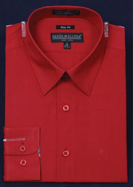 Affordable Clearance Cheap Mens Dress Shirt Sale Online Trendy - Slim Fit  - Red Color Men's Dress Shirt