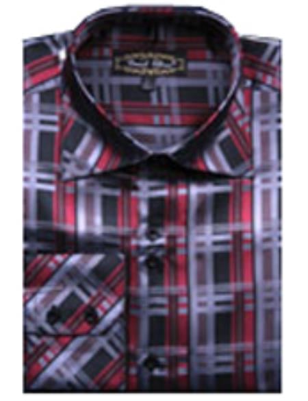Men's Fancy Shirts Red/Black(100% Polyester) Flashy Shiny Satin Silky Touch 