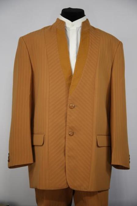 Men's Mandarin Collar Rhinestone Accents Cross Stripe Mandarin Banded No Collar Suit Camel
