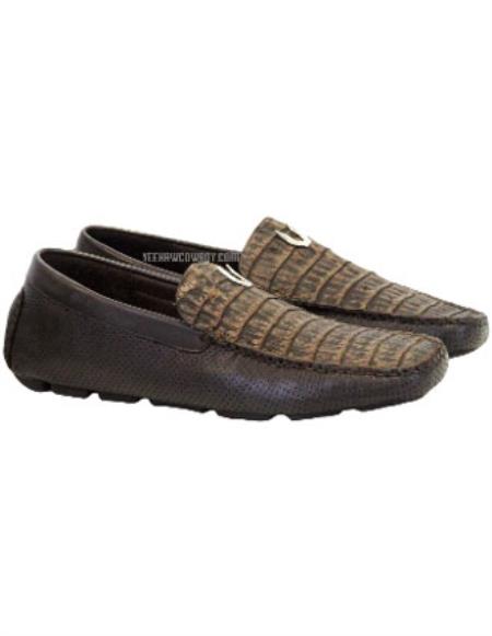 Mens Alligator Loafer Brown Dress Shoe Mens Sanded Brown Vestigium Genuine Caiman Belly Stylish Dress Loafer