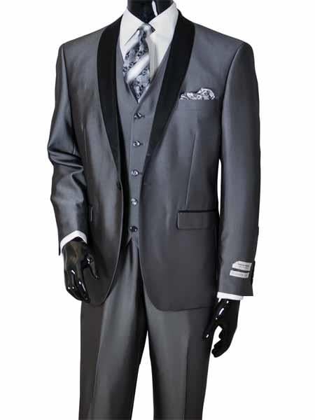 Men's 3 Piece Metal Gray Shawl Lapel Kids Sizes Vested Two Toned Sharkskin Shiny Black Lapel Suit Perfect for toddler Suit wedding  attire outfits