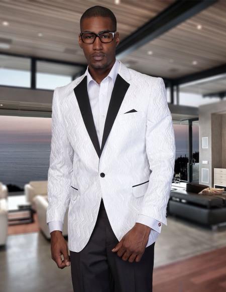 Men's One Button Shiny Black Lapel 100% WOVEN 3X White Dinner Jacket~ Sport Coat Fancy Blazer Two Toned Fashion Tuxedo For Men