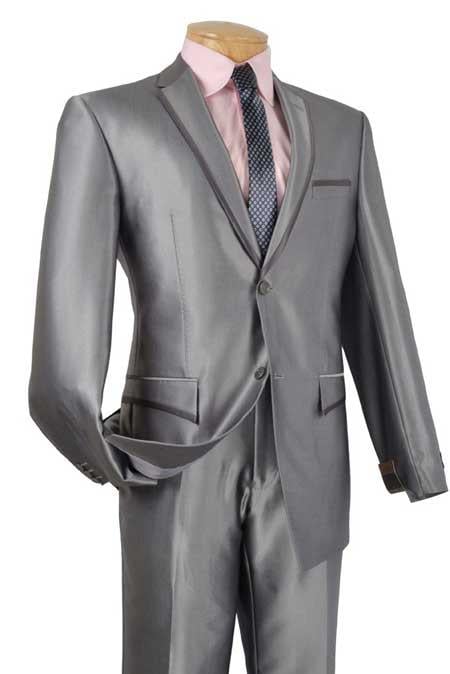 Tuxedo & Formal Shiny Grey ~ Gray Trimmed Two Button Slim Fit Men's Sharkskin Suit