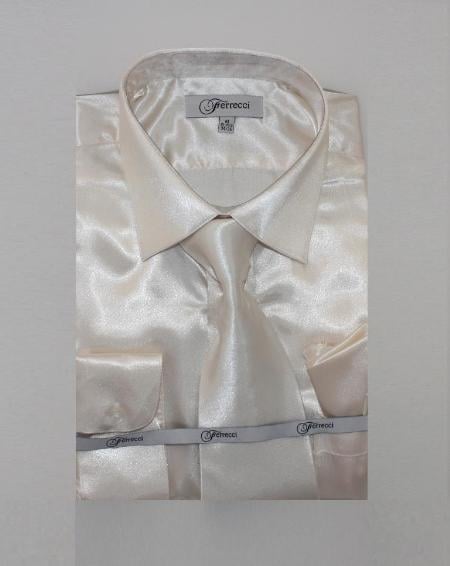 FerSH1 Men's Ivory ~ Cream Shiny Luxurious Shirt Off White 