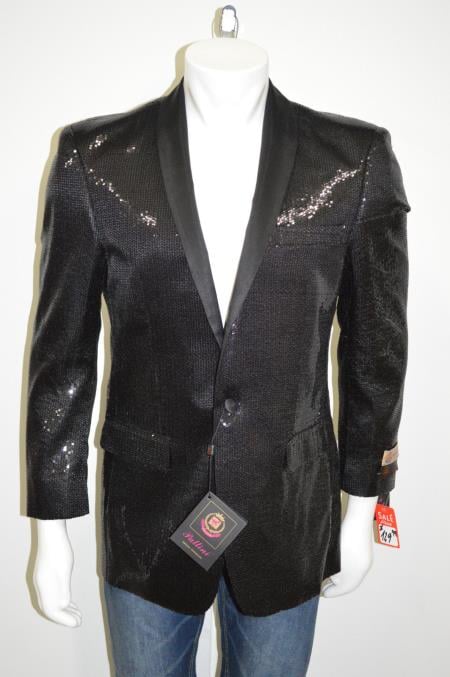 Satin Shiny Sequins One Button Blazer Shawl Collar 100% Polyester Black 