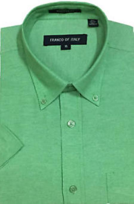 Summer Wear Basic Button Down Short Sleeve Green Oxford Men's Dress Shirt
