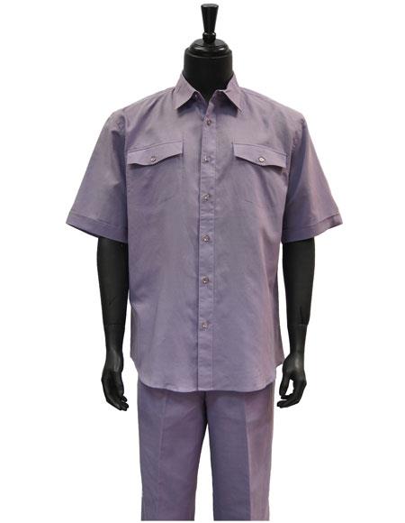 Men's Short Sleeve 2 Piece Lavender Casual Casual Two Piece Walking Outfit For Sale Pant Sets Suit