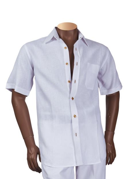 SKU#SM4552 Men's 100% Linen Short Sleeve White Collared S